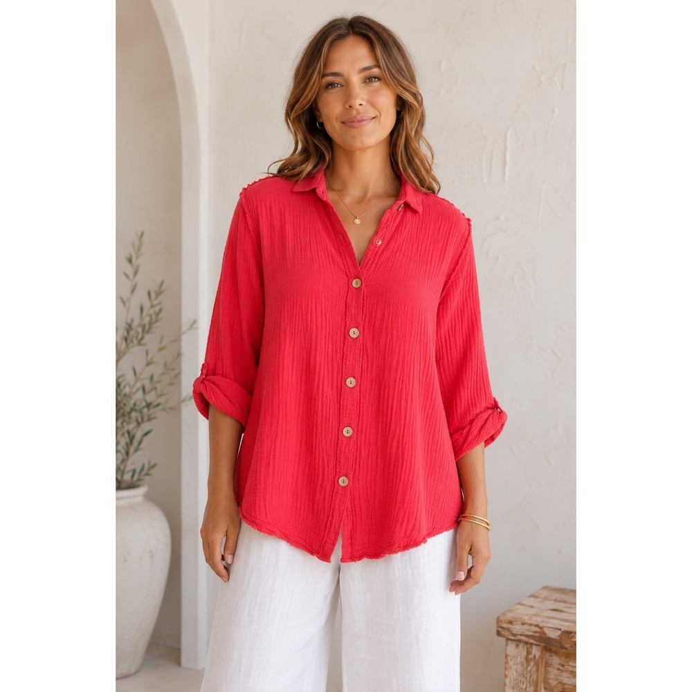 Mododoc Womens Red Double Layer Gauze Button Down Shirt XL Boho Minimalist Boho